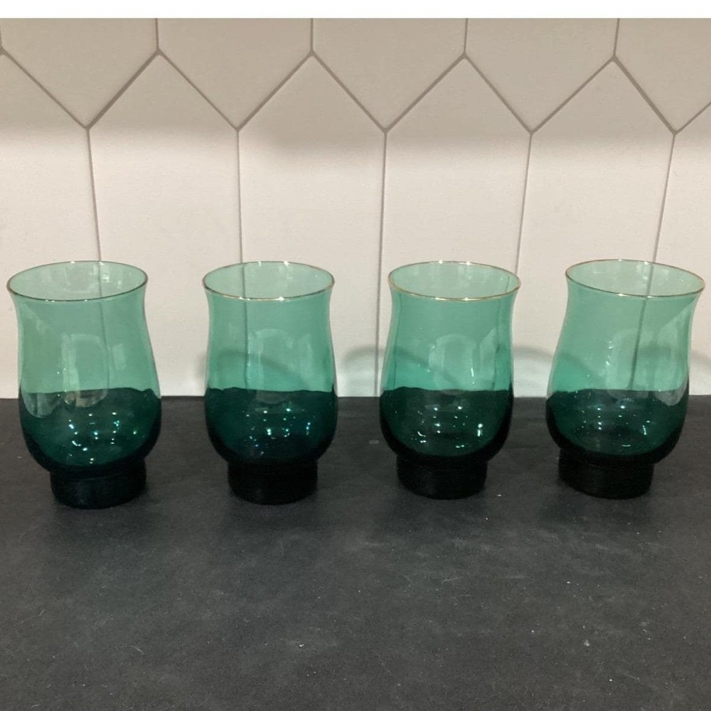4 Vintage Juniper Green With Gold Rim 14 Oz Libbey Footed Tumblers *
